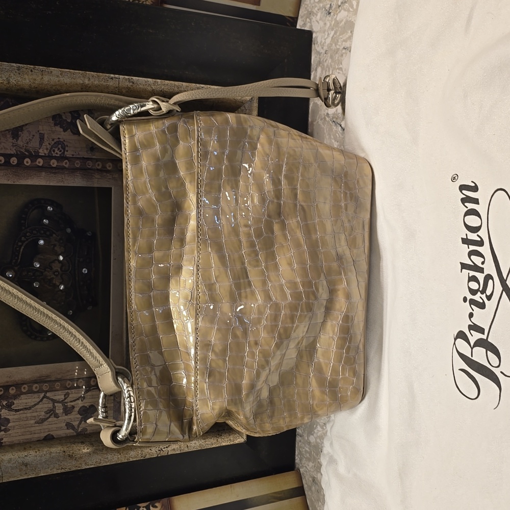 NWOT- Brighton Small CHER-  cream Croc-Embossed Patent Leather Shoulder Bag